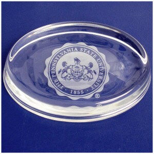 oval crystal paperweight with etched The Pennsylvania State University Seal